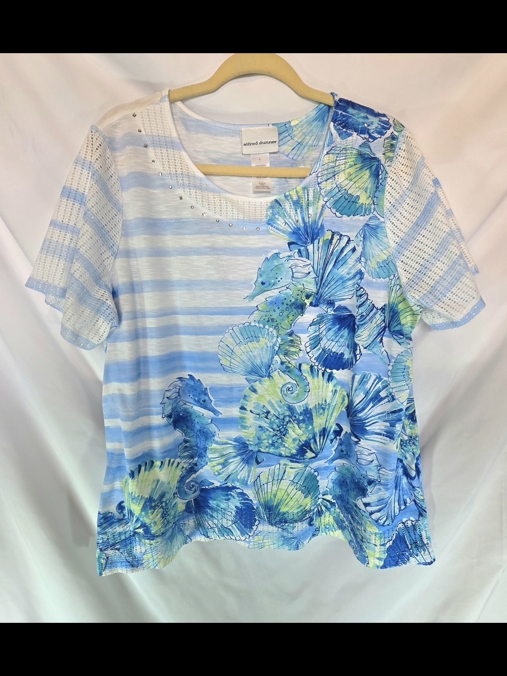Alfred Dunner Blingy Coastal Seahorse Seashell Studded Lace Knit Blouse Size L